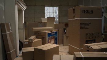 Movie still from “The House” (2022), directed by Paloma Baeza – A room filled with cardboard boxes in a room; Extreme Wide shot, High angle