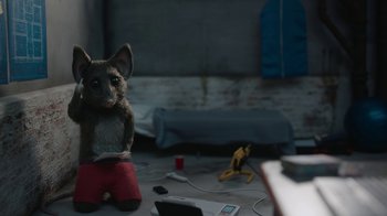 Movie still from “The House” (2022), directed by Paloma Baeza – A stuffed animal sitting on top of a table; Wide shot, High angle