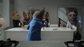 Movie still from “The House” (2022), directed by Paloma Baeza – A group of stuffed animals sitting in front of a mirror; Wide shot, Over the shoulder angle