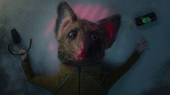 Movie still from “The House” (2022), directed by Paloma Baeza – A stuffed animal that has been photoshopped to look like a mouse; Extreme Close Up shot, Overhead angle