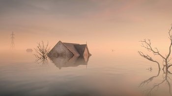 Movie still from “The House” (2022), directed by Paloma Baeza – A house sitting in the middle of a body of water; Extreme Wide shot, Low angle