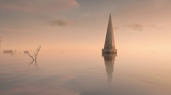 Movie still from “The House” (2022), directed by Paloma Baeza – An image of a boat in the middle of the water; Extreme Wide shot, Low angle