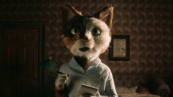 Movie still from “The House” (2022), directed by Paloma Baeza – A cat is holding an umbrella in a room; Medium shot, High angle