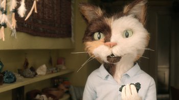 Movie still from “The House” (2022), directed by Paloma Baeza – A cat with a shirt on and a tie around it's neck; Close Up shot, Low angle