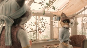Movie still from “The House” (2022), directed by Paloma Baeza – A cat standing in front of a window; Medium shot, Over the shoulder angle