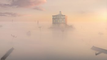 Movie still from “The House” (2022), directed by Paloma Baeza – A house sitting on top of a body of water; Extreme Wide shot, Low angle