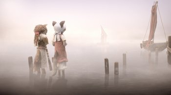 Movie still from “The House” (2022), directed by Paloma Baeza – A couple of cats standing on top of a body of water; Wide shot, Over the shoulder angle