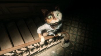 Movie still from “The House” (2022), directed by Paloma Baeza – A cat wearing a shirt and tie on a railing; Medium shot, High angle