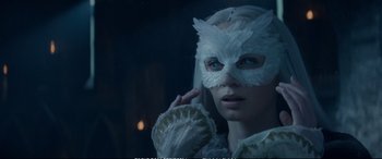Movie still from “The Huntsman: Winter's War” (2016), directed by Cedric Nicolas-Troyan – A woman with a white mask on her face; Close Up shot, Over the shoulder angle