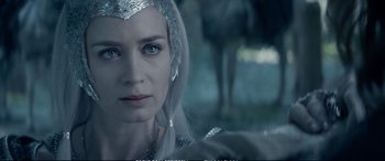 Movie still from “The Huntsman: Winter's War” (2016), directed by Cedric Nicolas-Troyan – A person with long white hair; Close Up shot, Over the shoulder angle