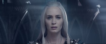 Movie still from “The Huntsman: Winter's War” (2016), directed by Cedric Nicolas-Troyan – A person with long white hair; Close Up shot, Over the shoulder angle