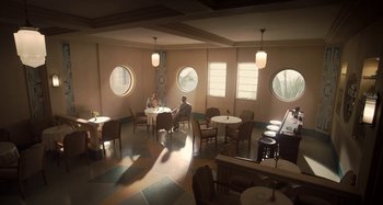 Movie still from “The Irishman” (2019), directed by Martin Scorsese – Two people are sitting at a table in a restaurant; Extreme Wide shot, High angle