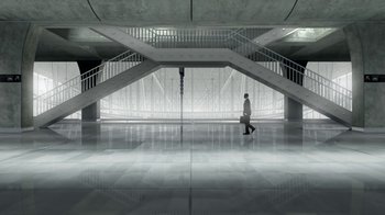 Movie still from “The Laundromat” (2019), directed by Steven Soderbergh – A man in a suit is walking through a building; Extreme Wide shot, High angle