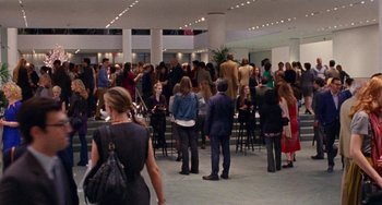 Movie still from “The Meyerowitz Stories” (2017), directed by Noah Baumbach – A group of people standing in a room; Extreme Wide shot, High angle