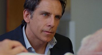 Movie still from “The Meyerowitz Stories” (2017), directed by Noah Baumbach – A person wearing a suit and tie; Close Up shot, Over the shoulder angle
