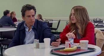 Movie still from “The Meyerowitz Stories” (2017), directed by Noah Baumbach – A man and a woman sitting at a table; Medium shot, Over the shoulder angle