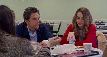 Movie still from “The Meyerowitz Stories” (2017), directed by Noah Baumbach – A man and a woman are sitting at a table; Medium shot, Over the shoulder angle