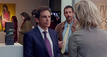 Movie still from “The Meyerowitz Stories” (2017), directed by Noah Baumbach – Two men and a woman standing in front of a camera; Medium shot, Over the shoulder angle