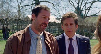 Movie still from “The Meyerowitz Stories” (2017), directed by Noah Baumbach – Two men standing next to each other in front of a tree; Close Up shot, Over the shoulder angle