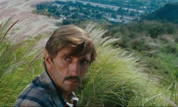 Movie still from “Paris, Texas” (1984), directed by Wim Wenders – A person with a beard and mustache; Close Up shot, High angle