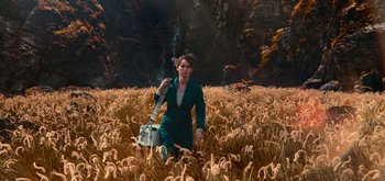 Movie still from “The Midnight Sky” (2020), directed by George Clooney – A woman is kneeling in a field holding a bag; Wide shot, High angle