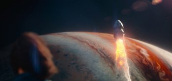 Movie still from “The Midnight Sky” (2020), directed by George Clooney – An image of a rocket taking off from a planet; Extreme Wide shot, Overhead angle