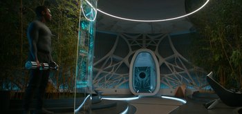 Movie still from “The Midnight Sky” (2020), directed by George Clooney – A room that has some kind of structure in it; Extreme Wide shot, High angle
