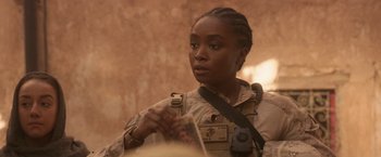 Movie still from “The Old Guard” (2020), directed by Gina Prince-Bythewood – Close Up shot, Over the shoulder angle