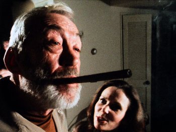 Movie still from “The Other Side of the Wind” (2018), directed by Orson Welles – An older man and a younger woman are smoking a pipe together; Close Up shot, Low angle