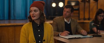 Movie still from “The Prom” (2020), directed by Ryan Murphy – A man and a woman sitting at a table in front of each other; Medium shot, Over the shoulder angle