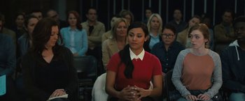 Movie still from “The Prom” (2020), directed by Ryan Murphy – A group of people sitting in front of each other; Medium shot, Over the shoulder angle