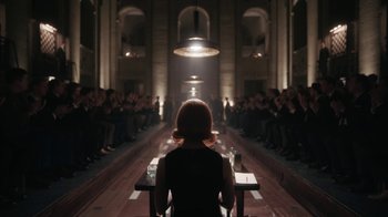 Movie still from “The Queen's Gambit” (2020), directed by Scott Frank – A woman sitting in front of an audience at a fashion show; Medium shot, Over the shoulder angle