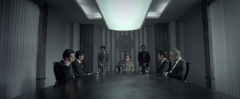Movie still from “The Raid 2” (2014), directed by Gareth Evans – A group of people sitting around a table; Wide shot, High angle