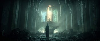 Movie still from “The Sandman” (2022), created by Neil Gaiman – A man standing in front of an altar in a church; Extreme Wide shot, Low angle