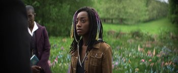 Movie still from “The Sandman” (2022), created by Neil Gaiman – A person with dreads standing in a field; Close Up shot, Low angle