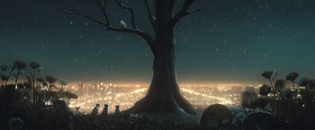 Movie still from “The Sandman” (2022), created by Neil Gaiman – A tree with a bird sitting on top of it at night; Extreme Wide shot, Low angle