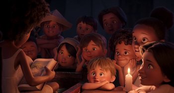 Movie still from “The Sea Beast” (2022), directed by Chris Williams – A group of children sitting next to each other in front of a candle; Medium shot, High angle