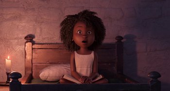 Movie still from “The Sea Beast” (2022), directed by Chris Williams – A little girl sitting on the ground with a book in her hands; Medium shot, High angle