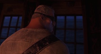Movie still from “The Sea Beast” (2022), directed by Chris Williams – A man with a beard and glasses looking out of a window; Close Up shot, Over the shoulder angle