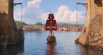 Movie still from “The Sea Beast” (2022), directed by Chris Williams – A boat that is in the middle of the water; Extreme Wide shot, High angle