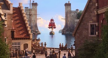 Movie still from “The Sea Beast” (2022), directed by Chris Williams – A group of people standing on a dock near a boat; Extreme Wide shot, High angle