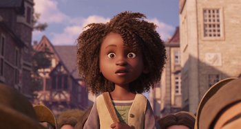 Movie still from “The Sea Beast” (2022), directed by Chris Williams – A young girl with a surprised look on her face; Medium shot, Over the shoulder angle