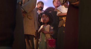 Movie still from “The Sea Beast” (2022), directed by Chris Williams – A little girl standing in front of a group of people; Medium shot, Low angle