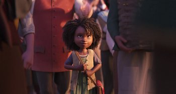 Movie still from “The Sea Beast” (2022), directed by Chris Williams – A little girl holding a purse in front of a group of people; Medium shot, Over the shoulder angle