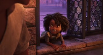 Movie still from “The Sea Beast” (2022), directed by Chris Williams – A little girl is laying on the ground looking up; Medium shot, Over the shoulder angle