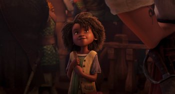 Movie still from “The Sea Beast” (2022), directed by Chris Williams – A little girl standing in front of a wall; Medium shot, Over the shoulder angle