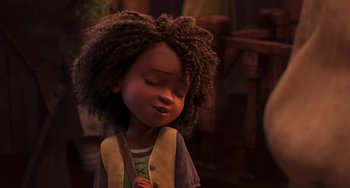 Movie still from “The Sea Beast” (2022), directed by Chris Williams – A little girl that is standing up with her eyes closed; Close Up shot, Over the shoulder angle