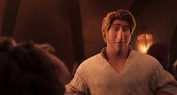 Movie still from “The Sea Beast” (2022), directed by Chris Williams – A man in a white shirt is standing in front of a blurry background; Close Up shot, Over the shoulder angle