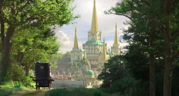 Movie still from “The Sea Beast” (2022), directed by Chris Williams – A view of a cathedral from a distance; Extreme Wide shot, Low angle
