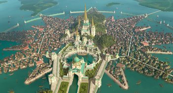 Movie still from “The Sea Beast” (2022), directed by Chris Williams – An aerial view of an island with a castle on top of it; Extreme Wide shot, High angle